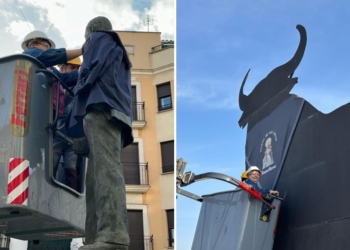 El Obrero y el Toro de Osborne de Tomelloso ya lucen ataviados con la vestimenta típica de la Romería 2026